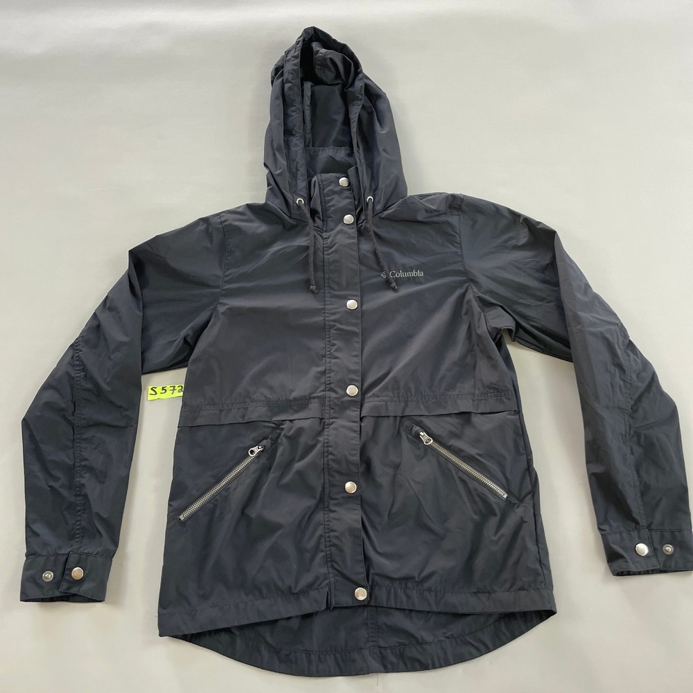 Columbia Black Hooded Windbreaker Jacket Snap Button Front Outdoor Coat Womens
